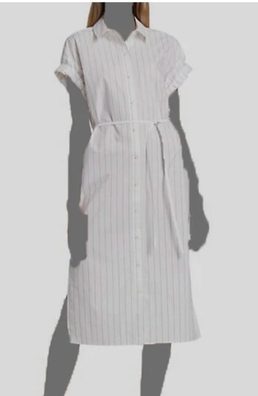 FRAME Women's Button Striped Shirtdress XS White Midi Cotton Short Cuff Sleeve